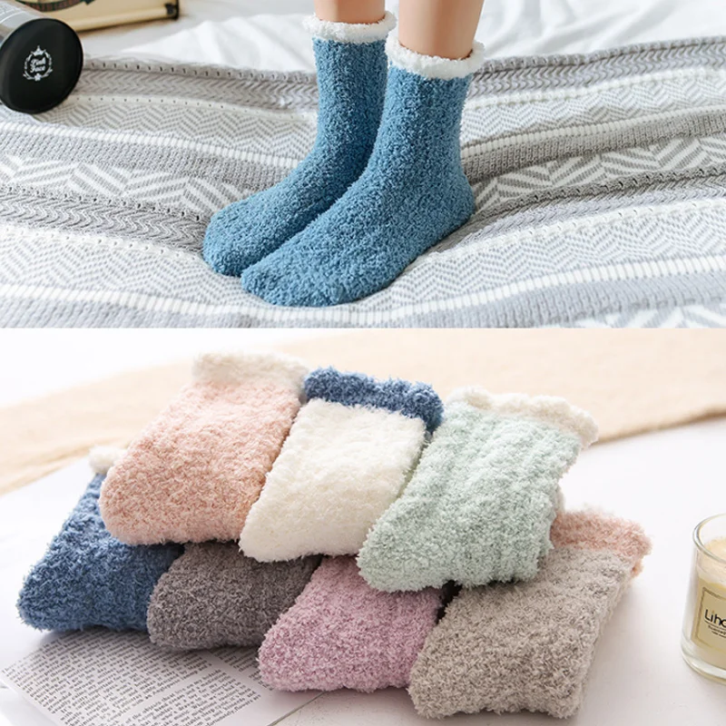 

Women's Coral Fleece Socks Thicken Warm Towel Socks Mid-tube Ladies Fall Winter Elasticity Twisted Solid Color Floor Socks