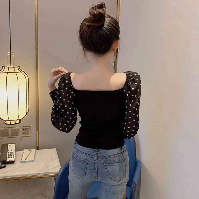 long sleeve dot patchwork T-Shirts Women new spring autumn Korean Self-cultivation slash neck off shoulder temperament tops hot | Женская