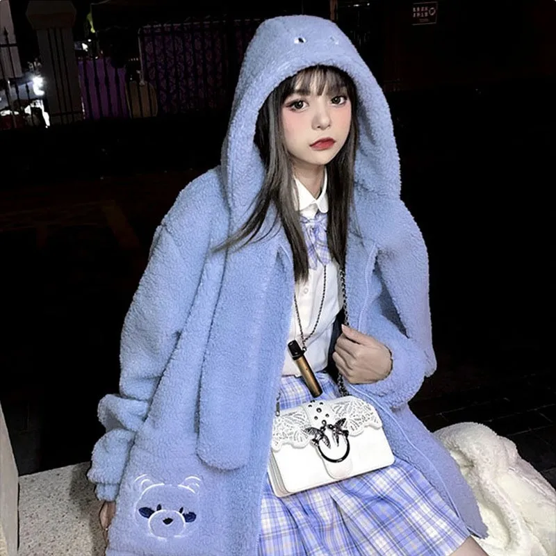 

Fashion Lamb Wool Autumn Winter Coat Women's Fleece Jacket Bear Embroidery Hoodies Thick Sweatshirt Loose Casual Zipper Overcoat