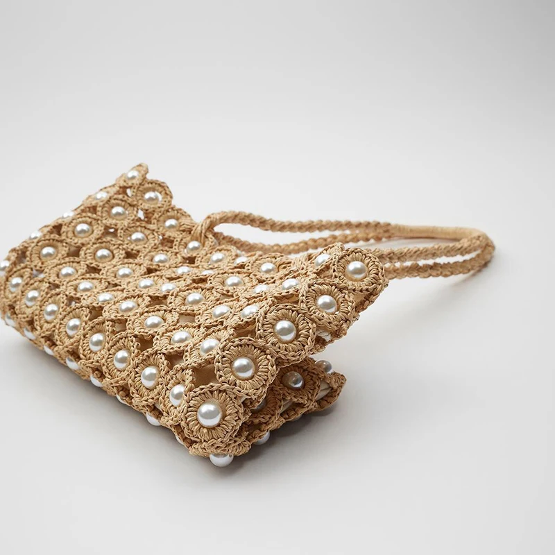 

[BXX] Women New Pearl Inlaid Shopping Bag Straw Woven Bag Seaside Beaded Woven Bag Shoulder Bag Fashion Trending 2021 GF0120
