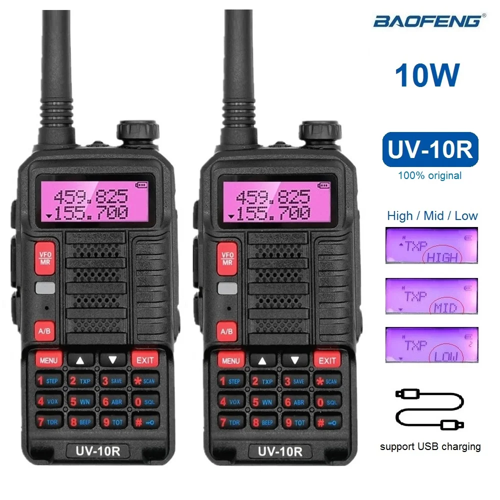 2PCS Walkie Talkies BAOFENG UV 10R 10W CB Radio Station VHF UHF UV-10R Portable Transciever Radio Hunting Updated UV-5R 2 sets