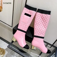 2022 winter new knee high boots for women pink round toe chunky heel luxury fashion long boots hot sale brand boots female