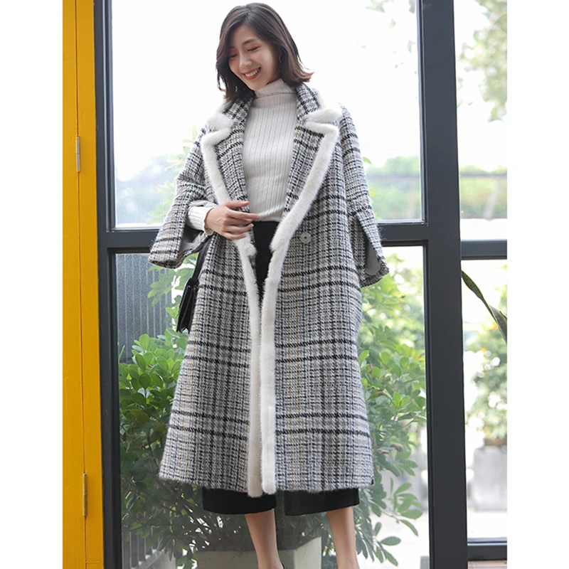 Coat Winter Women Wool 2020 Sheared Long mink fur Collar Coats Superior quality Plaid Jacket Brand Design Quality WHF103 s | Женская