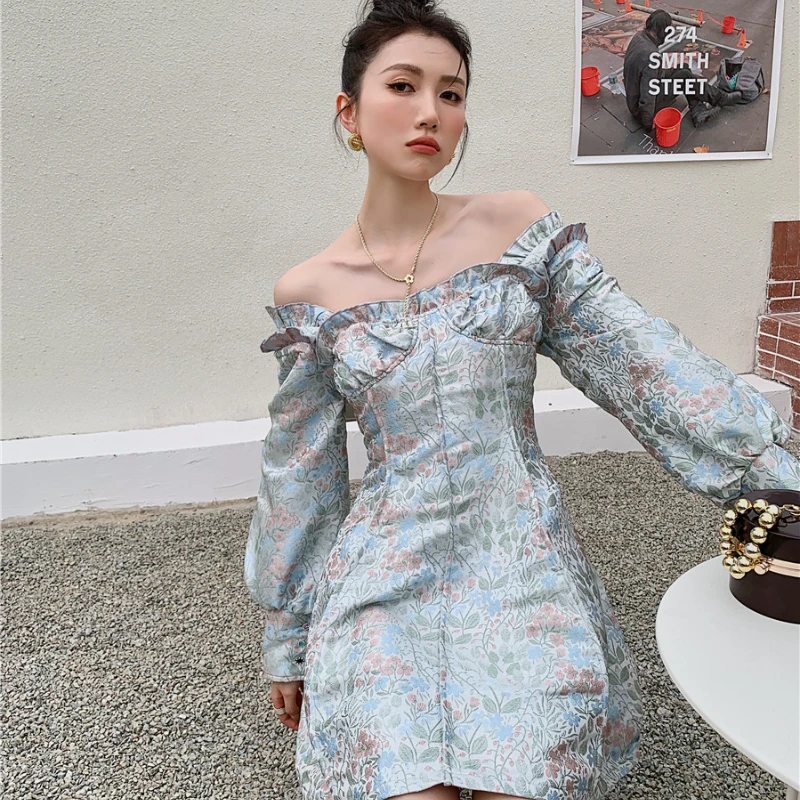 

Kimotimo Design Jacquard Dress Female Ins 2021 New One Word Square Collar Long Sleeve Diamond Buckle Sweet Maiden A-line Dress