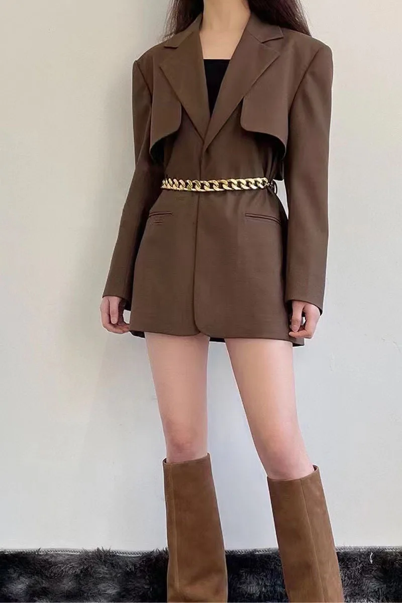 

Женское пальто 2021, модный простой костюм на раннюю осень, куртка с длинными рукавами и поясом на резинке