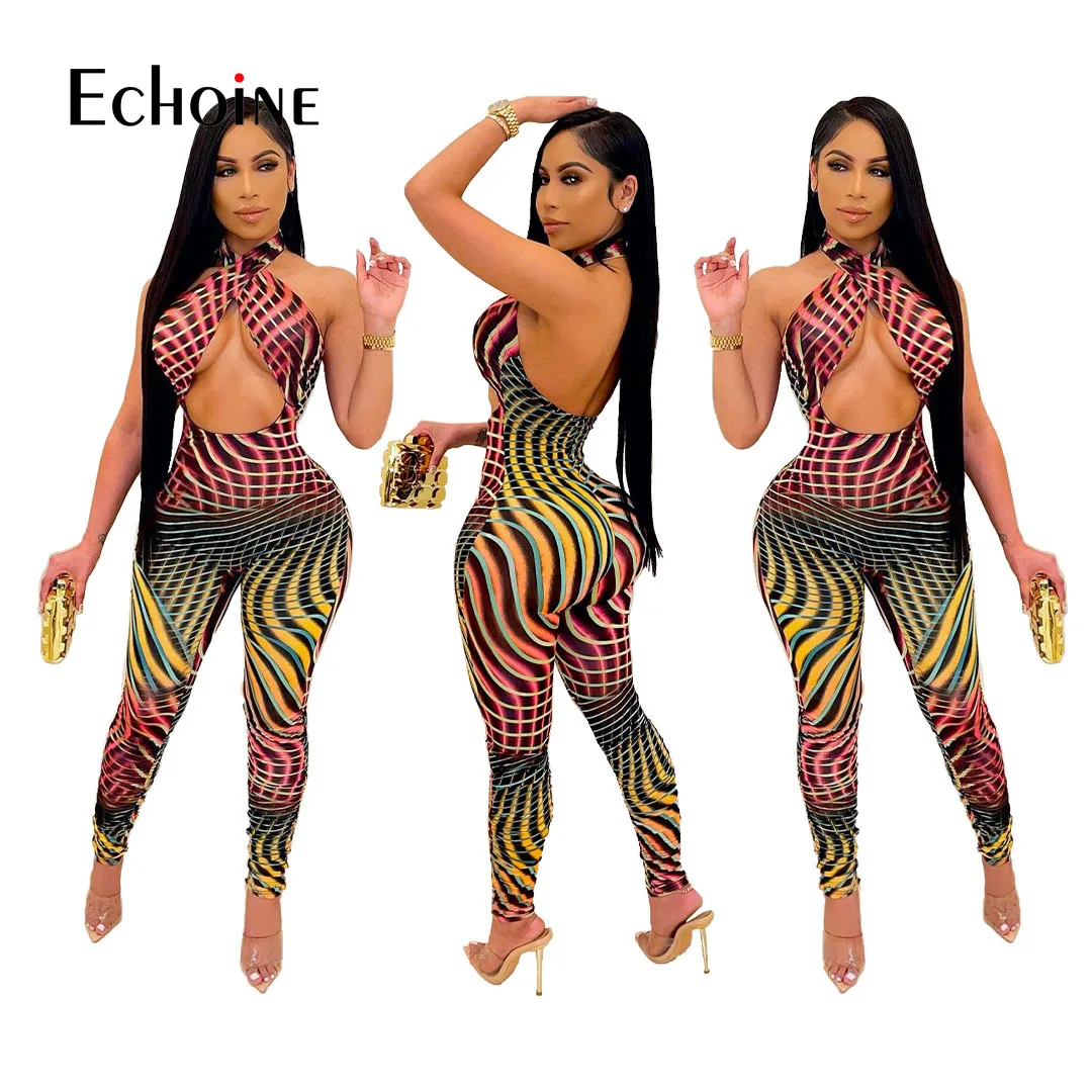 

Echoine Bandage Sexy Women Halter Colorful Print Party Beach Jumpsuits Full Pant Bandage Rompers Lady one piece outfit bodysuit