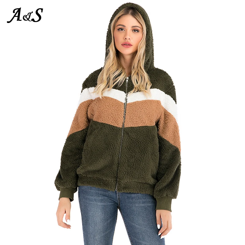 

Anbenser Cozy Teddy Faux Fur Hoodies Women Striped Long Sleeve Hooded Zip-up Sweatshirt Casual Thicken Warm Overcoat Plus Size