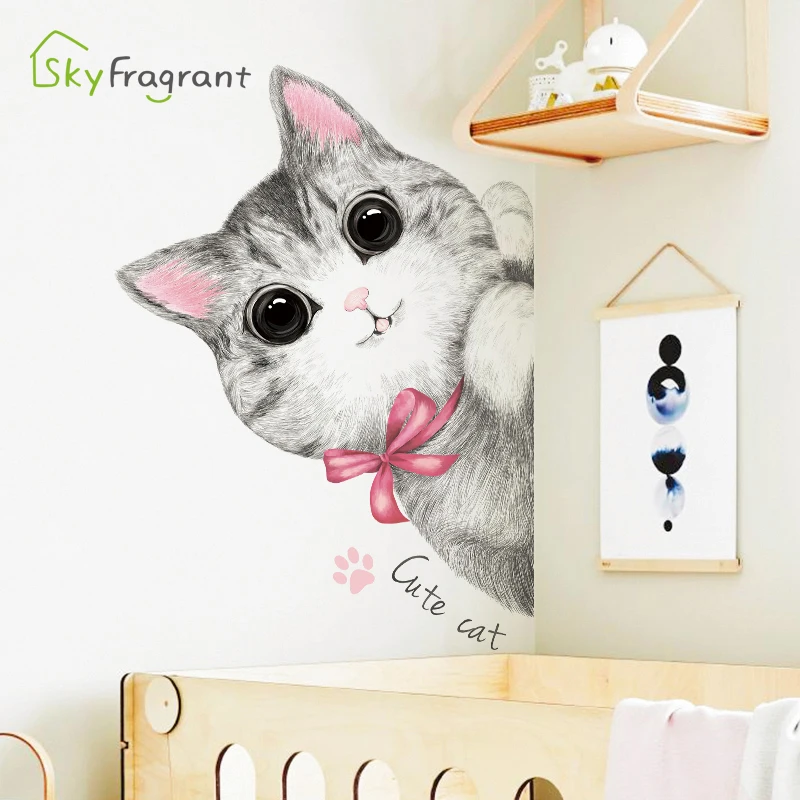 Милый Кот Ins Наклейка на стену самоклеящаяся домашний Декор для спальни наклейка