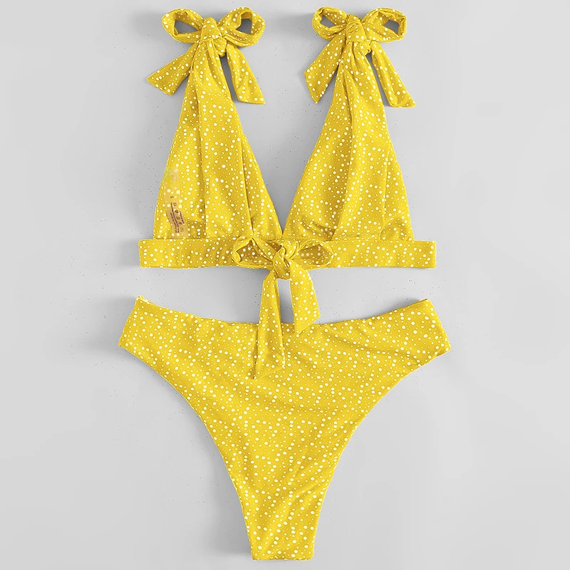 

Mossha Dot print knot swimsuit women Triangle bikini 2021 V neck swimming suit Low waist swimwear female Sexy bathing suit Swim