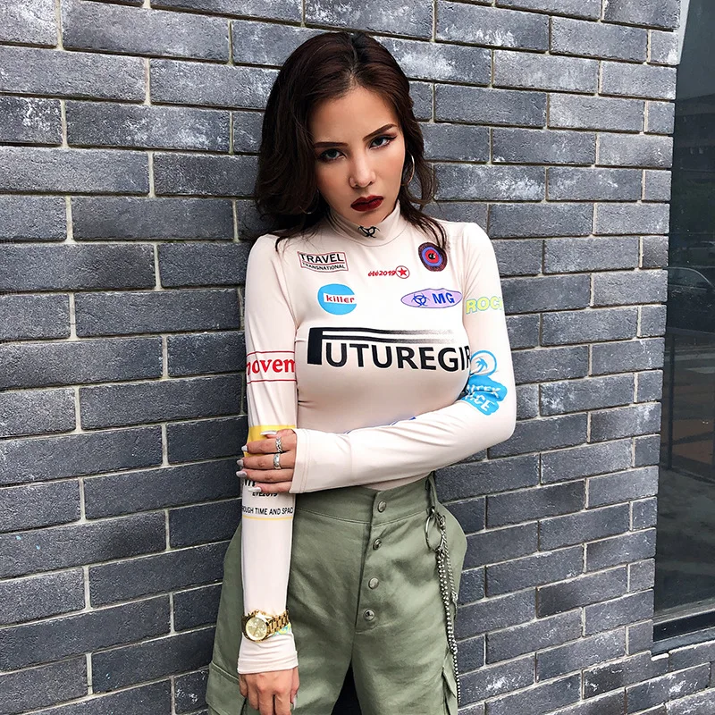 Боди женское в байкерском стиле облегающее боди с длинным рукавом надписью и