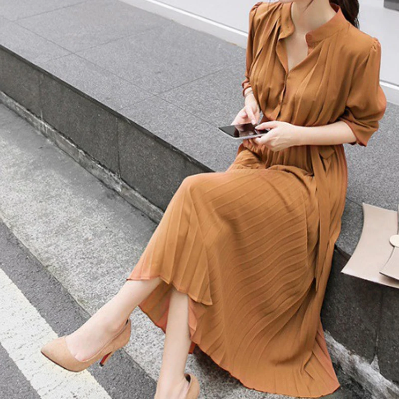 Женское длинное плиссированное платье однотонное Элегантное шифоновое средней