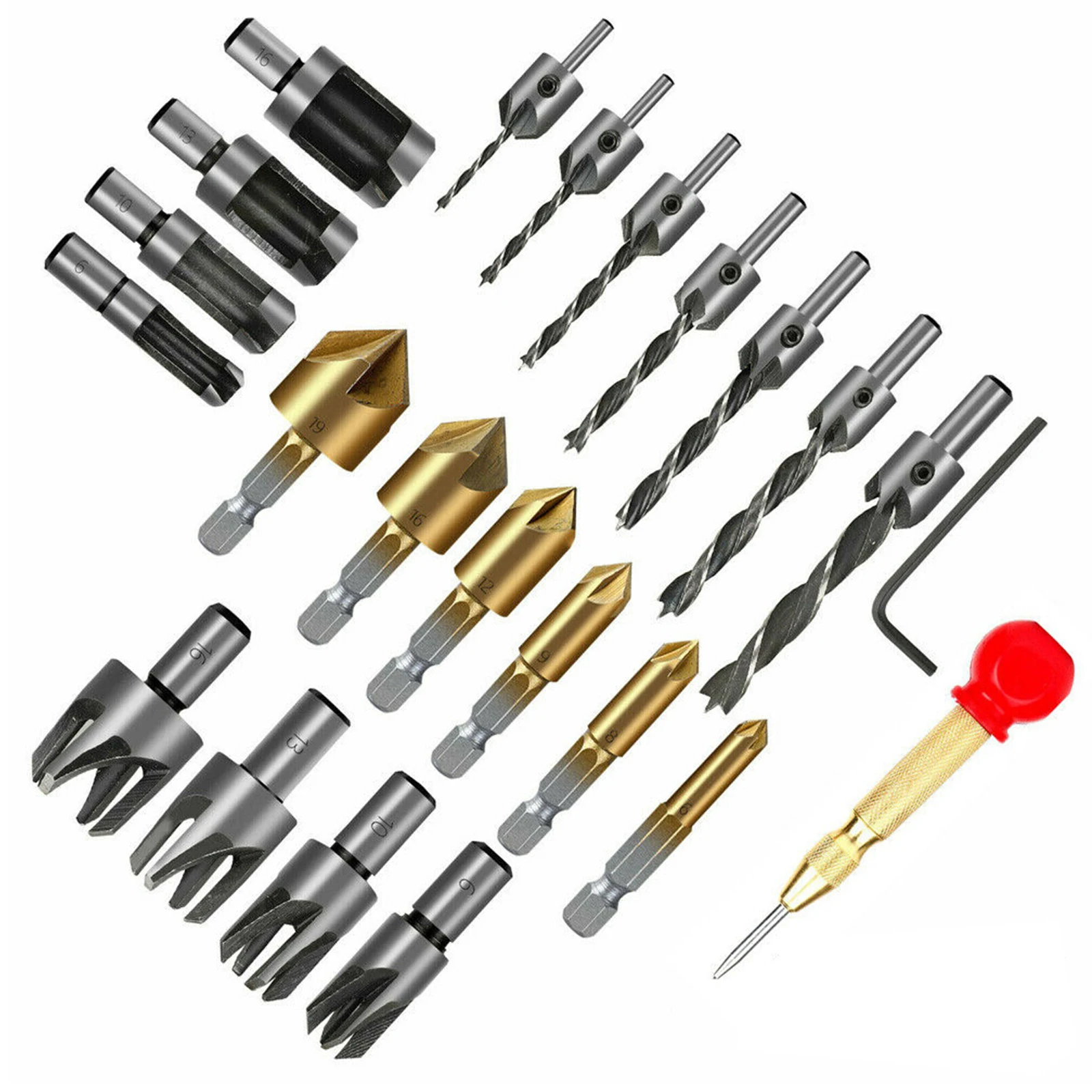 

23Pc Chamfer Countersink Drill Bit Kit Portable 1/4in Hex 5Flute 90 Degree Three Pointed Countersink Drill Bit Woodwork Cutter