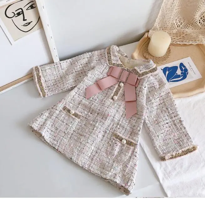 Брендовое платье для девочек Осень-зима 2019 детское клетчатое с бантом и