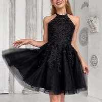 elegant black halter evening dress a line 2021 lace appliques backless short prom gown pleats sleeveless formal custom made