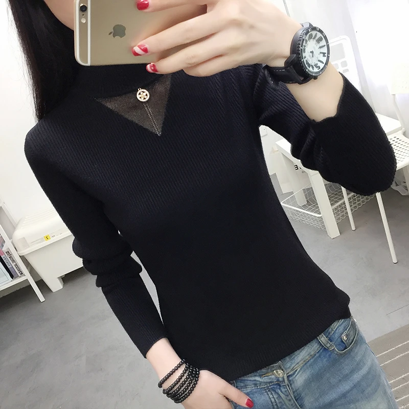 Женский вязаный свитер с круглым вырезом синий или черный облегающий пуловер