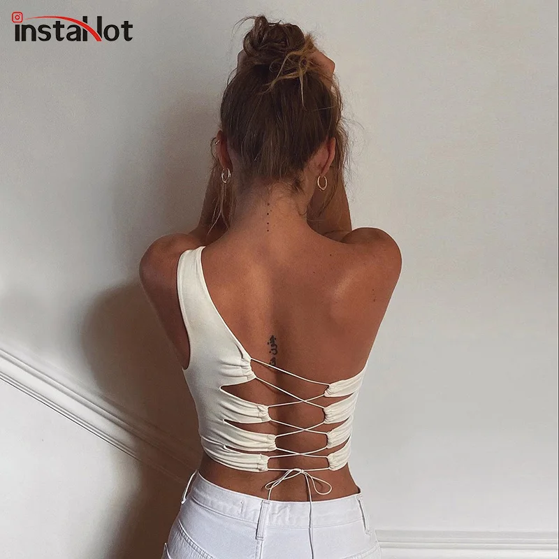 Женский топ на одно плечо InstaHot летний ажурный с открытой спиной 2020|Майки| |