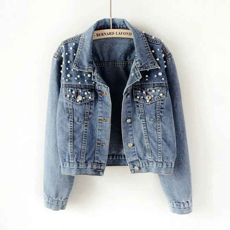 

Woman Autumn Plus Size Denim Jacket Pearl Beading Button Turn-Down Collar Blue Women Jeans Coat S-5XL Spring Long Sleeve Outwear