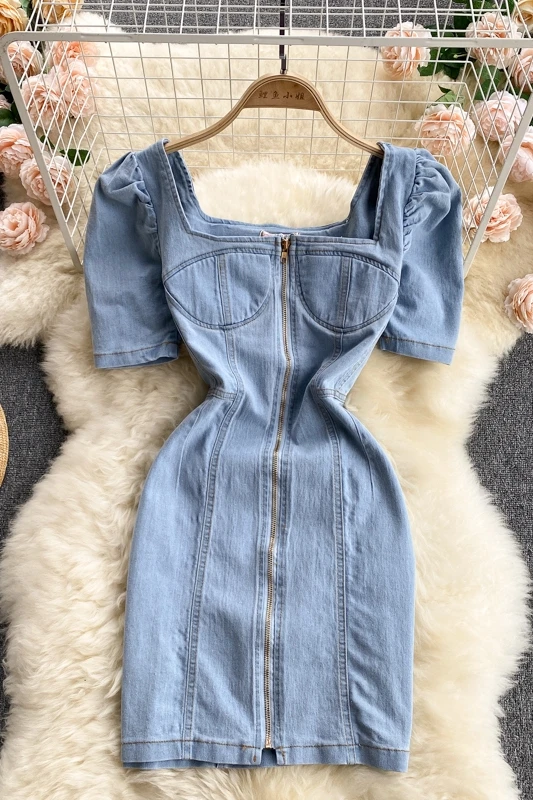 

Fashion Mini Denim Women Dress 2021 Summer Temperament Robe Square Collar Puff Sleeve Zipper Bodycon Dress Vestidos De Mujer