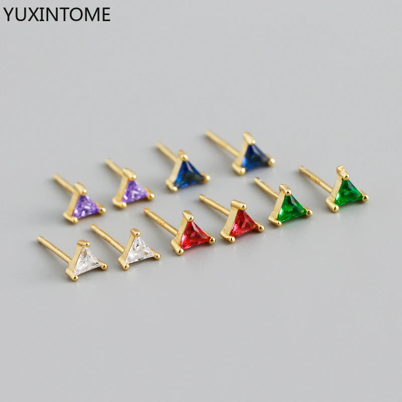 

925 Sterling Silver Crystal Round Triangle Stud Earrings Party Wedding Female Jewelry Colorful Zircon Stone Earrings For Women