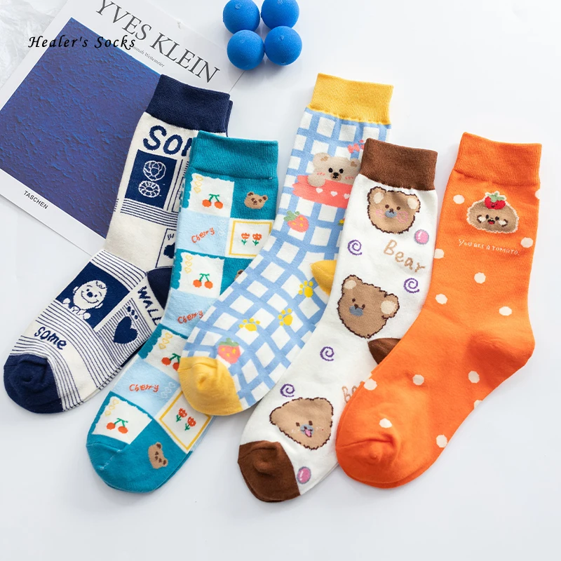 

New Kawaii Funny Soft Bear Cherry Sockings Cotton Letter Fashion Colorful Happy Cute Harajuku Japanese Long Girls Women Socks