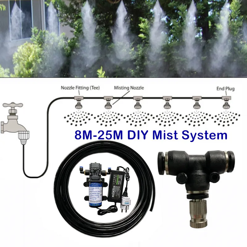 A108  Black 6mm tubing 8M-25M watering kits 12V electric pump water mist nozzle system plants greenhouse garden irrigation spray