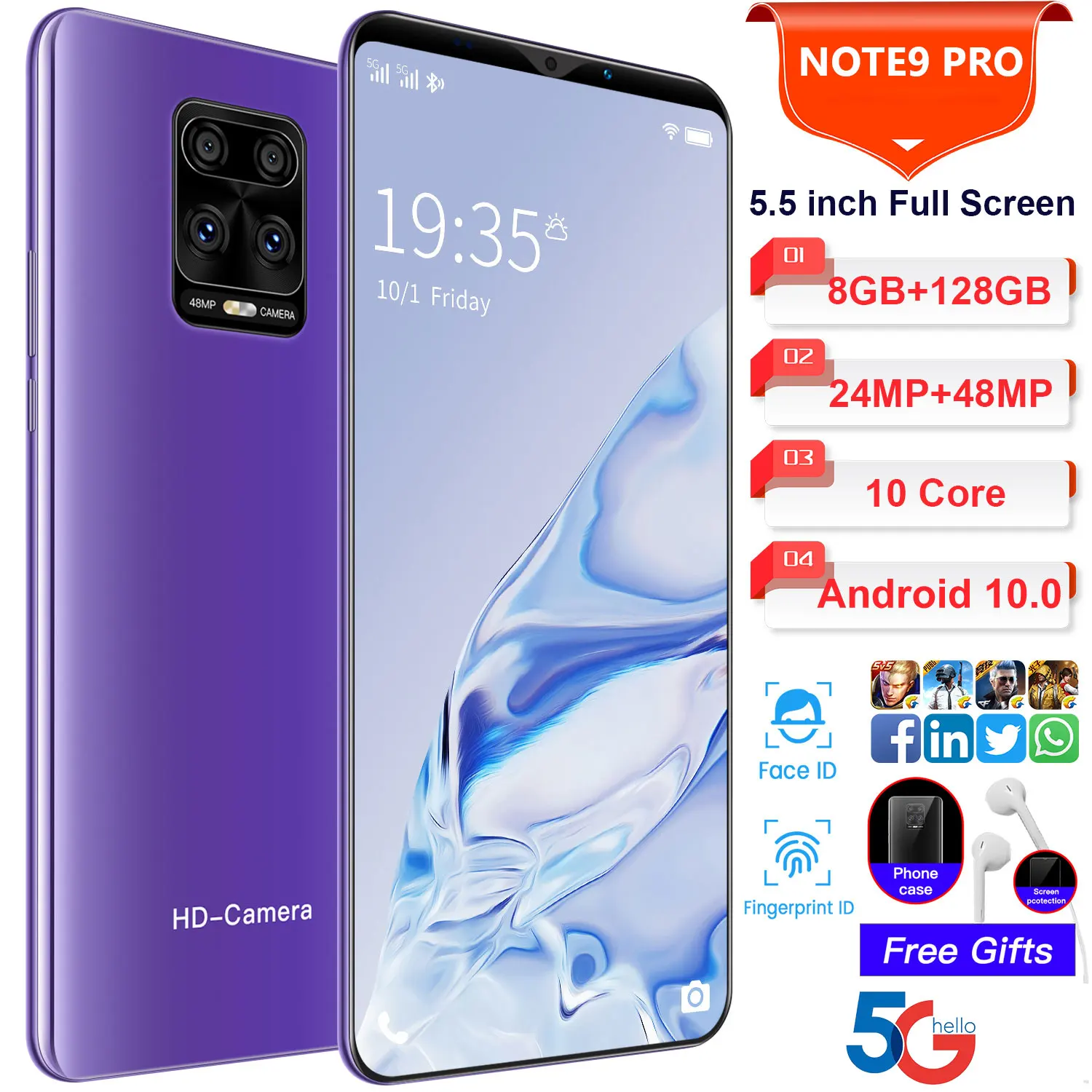 

Global Version Full Screen Note 9 Pro 5.5 Inch Smartphone 8+128GB Android10 Support Google Face Unlock 10 Core 5G Network Phone