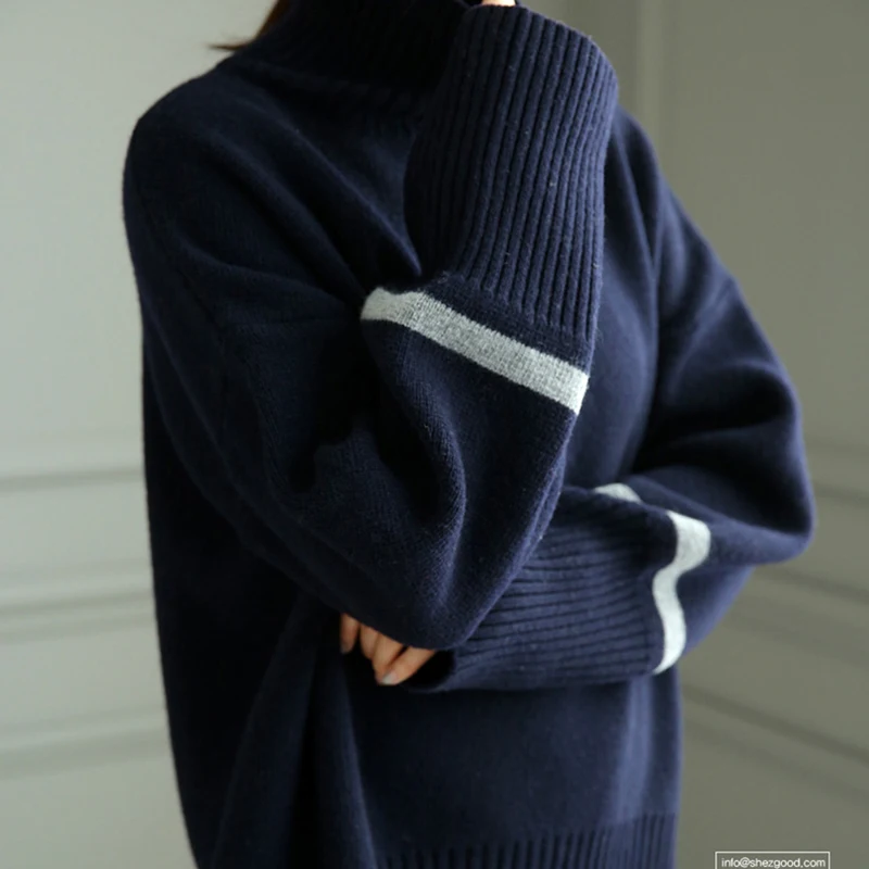 Winter Cashmere Knitted Sweater Female Long Sleeve Split Striped Loose Warm Turtleneck Women Pullovers Plus Size Korean Jumper | Женская