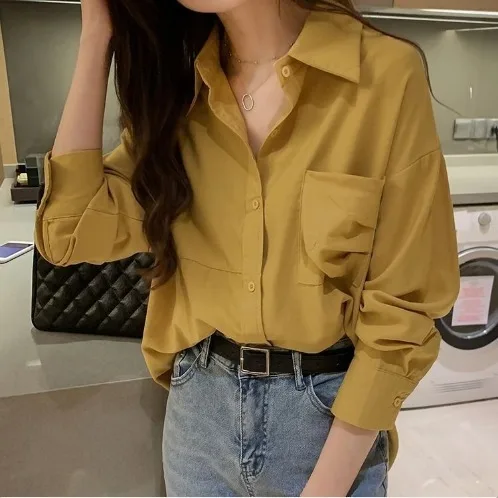 

2020 Autumn Spring Blouse Women Shirts Turn-down Collar Long Sleeve Solid Single-breasted Loose Students Streetwear Casual H210