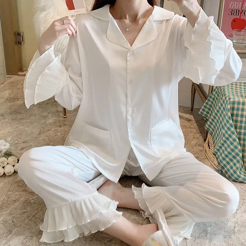 

Pajamas women's ice silk long sleeve spring and autumn white sexy thin silk summer lovely princess home suit