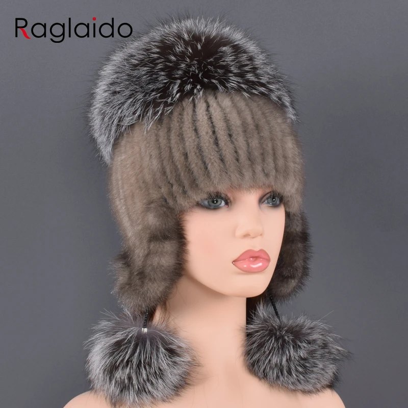 Женская шапка ручной работы из натурального меха норки и лисы зимняя с