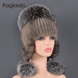 Женская шапка ручной работы из натурального меха норки и лисы, зимняя шапка с подкладкой из натурального меха, шапки с большим помпоном из лисьего меха