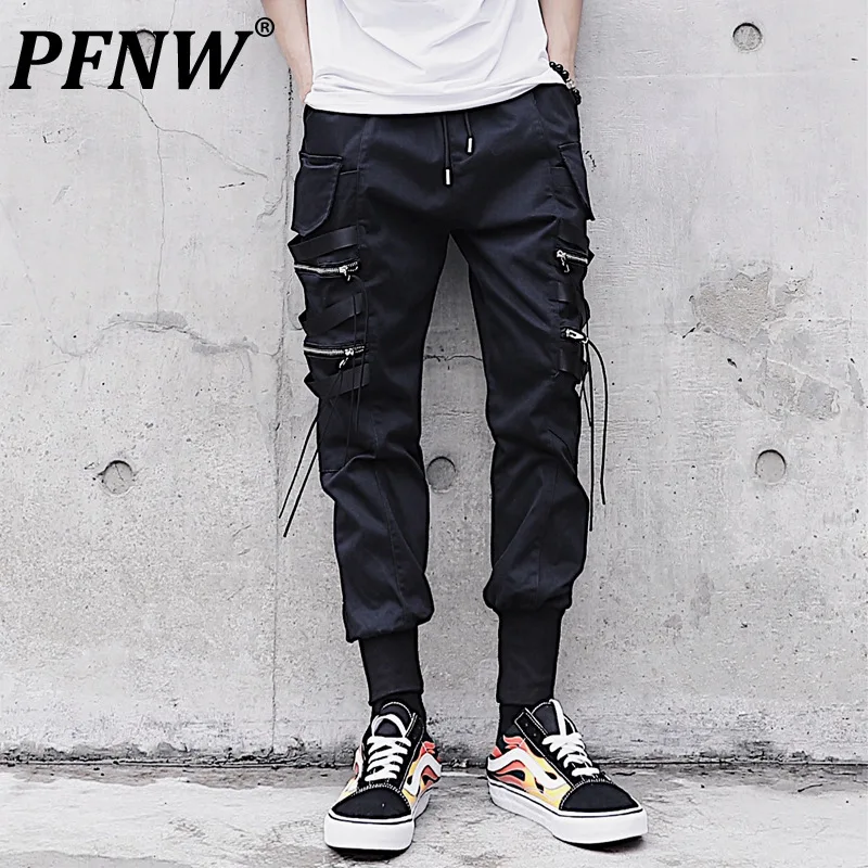 

PFNW Men's Multi pocket Elastic Waist Harem Pants Streetwear Punk Hip Hop Casual Ribbons Trousers Joggers Male Black 12X1077
