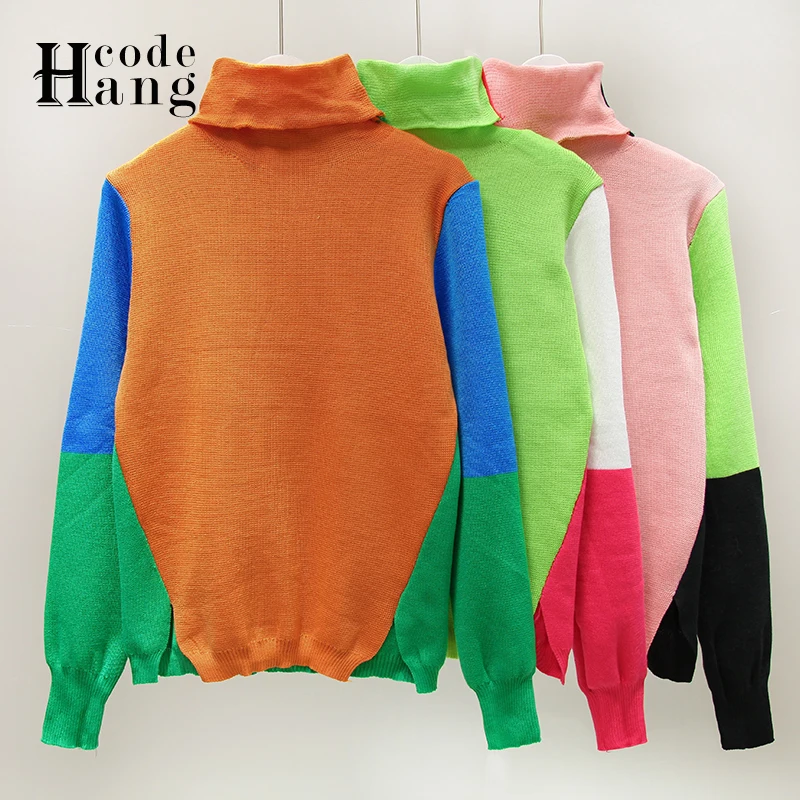 

HangCode Ins Fashion Color Contract Sweaters Women 2021 Autumn Winter Turtleneck Knitted Pullover Tops Korean Split Ladies Tops