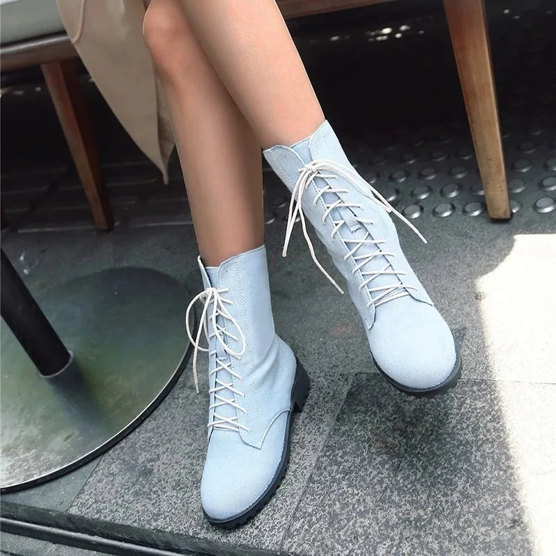 Женские ботильоны на шнуровке английские длинные джинсовые ботинки