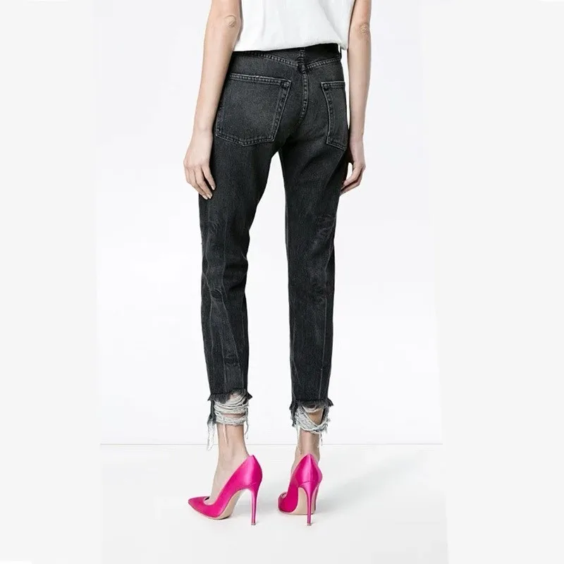 Высокое качество модные женские Высокая талия рваные джинсовые штаны прямые Ankele