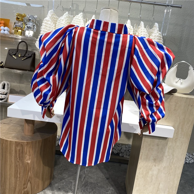 

New 2021 Bright Color Stripe Contrast Fashionable Long Sleeve Casual Shirt Single Breasted Loose And Versatile Shirt
