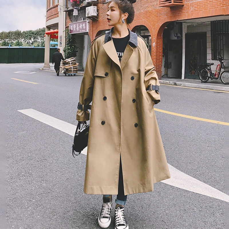 

Women's Khaki Windbreaker Long 2021Early Spring Autumn New Loose Plaid Lapel Double-Breasted High-Quality Lining Fashion Coat 9N