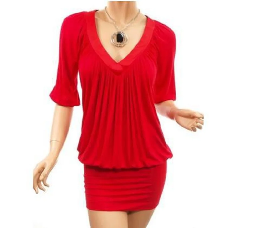 2020 Women's Fashion V-neck Half Sleeve Pleated Pure Color Slim Hip Package Sexy Mini Women Dress | Женская одежда