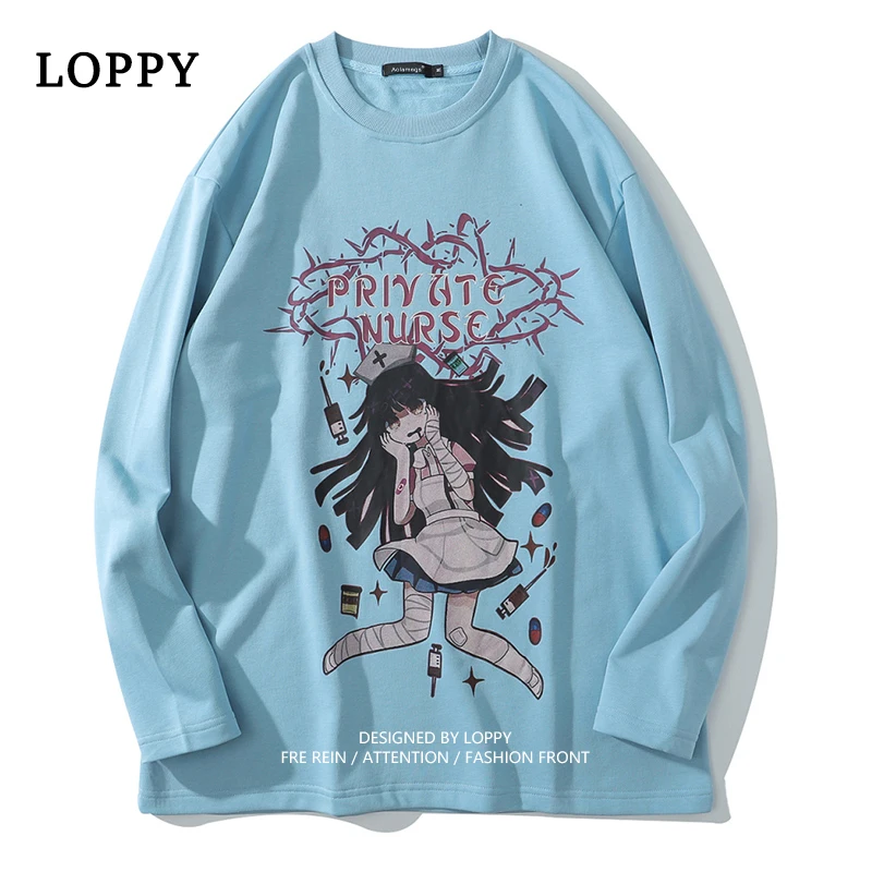 

Sweatshirt Letter Printed Japanese Pullover Men Casual Loose Harajuku College Style Streetwear Men Cartoon Comics Cool O-Neck