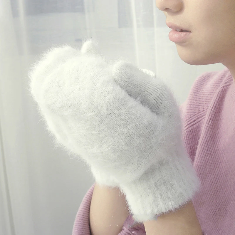 

Double-Layer Rabbit Hair Gloves Female Winter Korean Version of Solid Color All Fingers Winter Women Gloves Girls Mittens