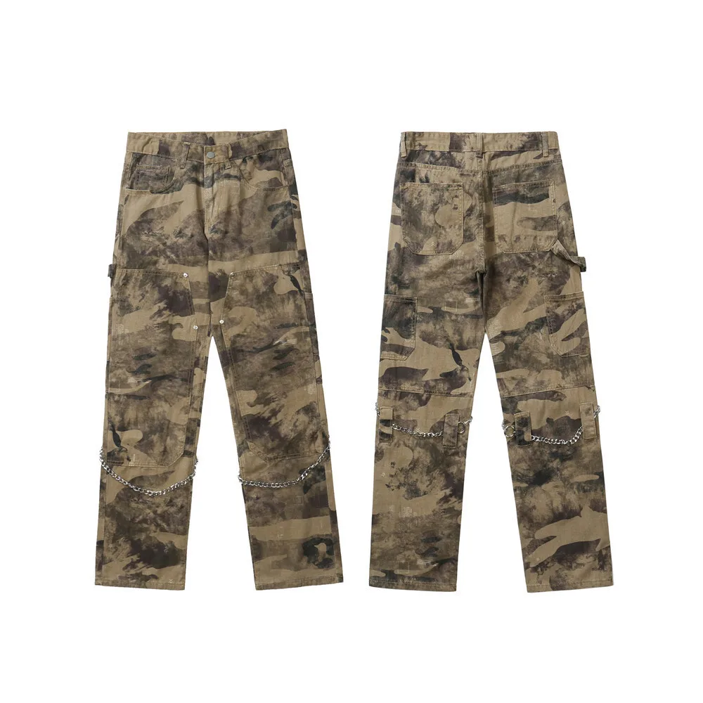 2021 Outdoor Chain Decoration Camouflage Straight Men Cargo Jeans Trousers Casual Loose Military Tactical Pants Pantaloni Uomo