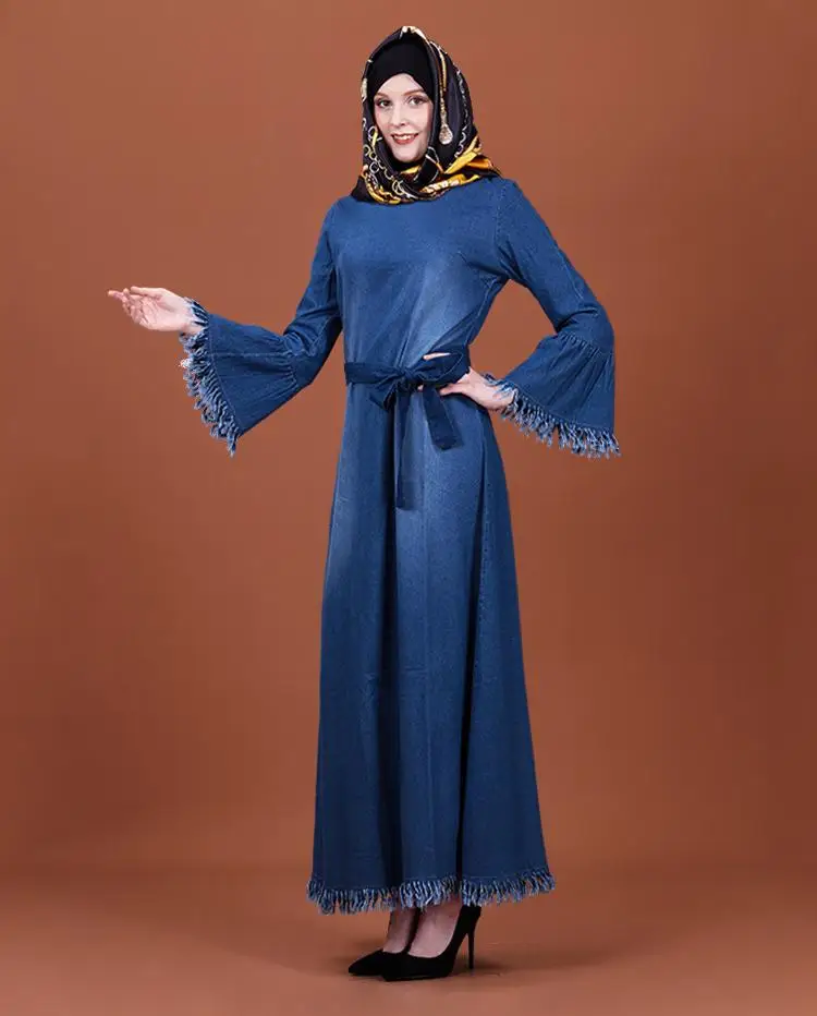 Мусульманское платье макси Abaya джинсовый кафтан Исламский длинный вечерний