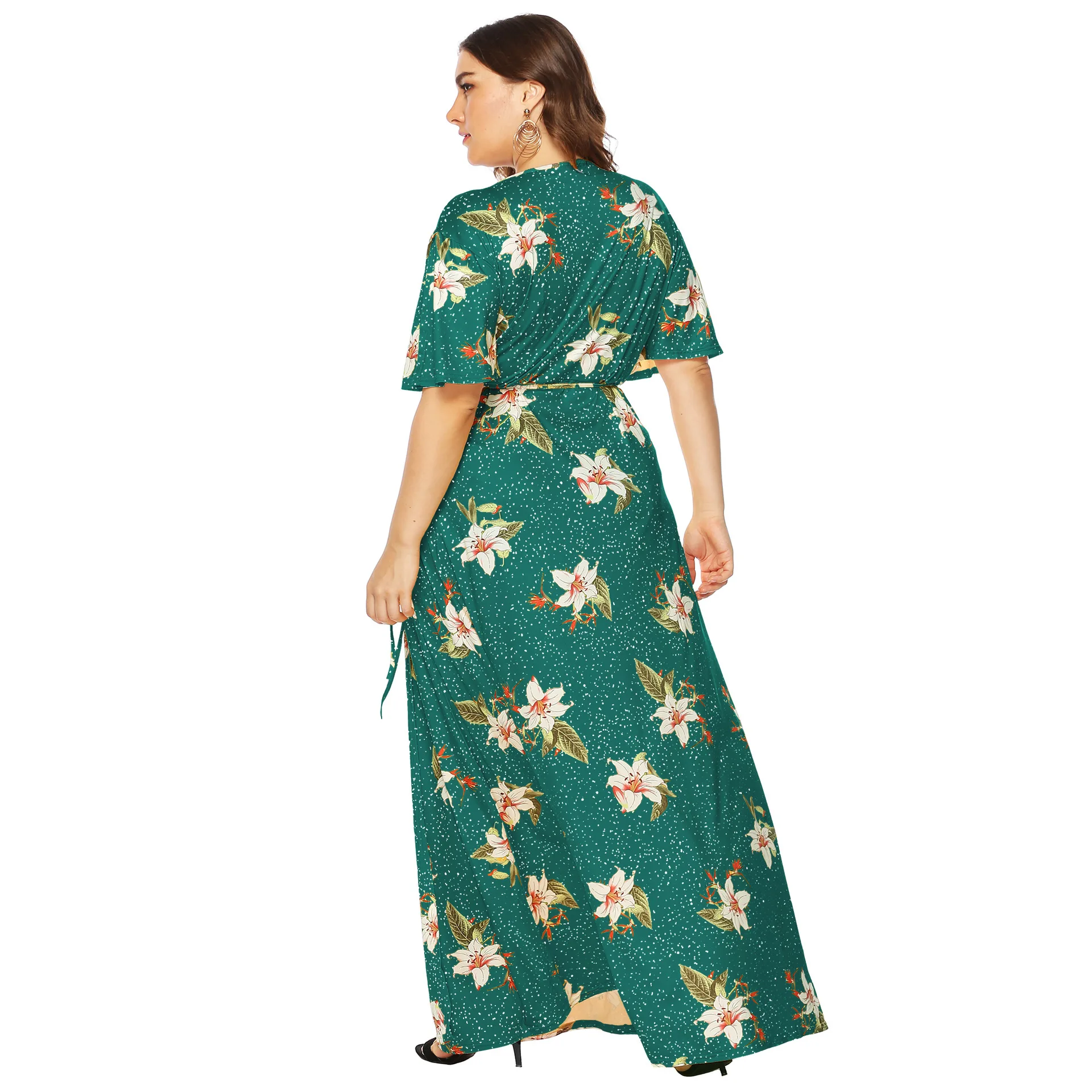 

2021 New Dress Summer Female Plus Size Bohemian Flower Print V-Neck High Waist Beach Vacation Leisure Long Skirt