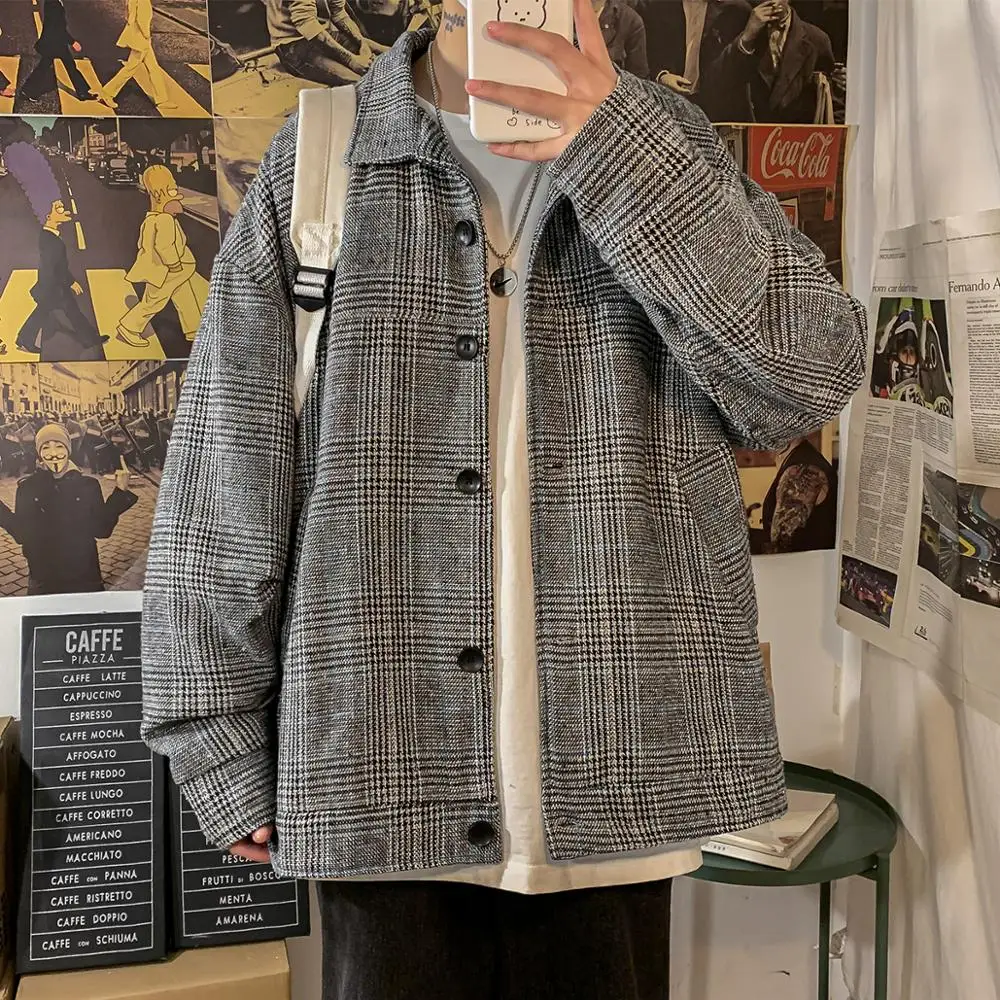 2020 Мужская мода свободного покроя шерстяное пальто решетка ветровка с рисунком