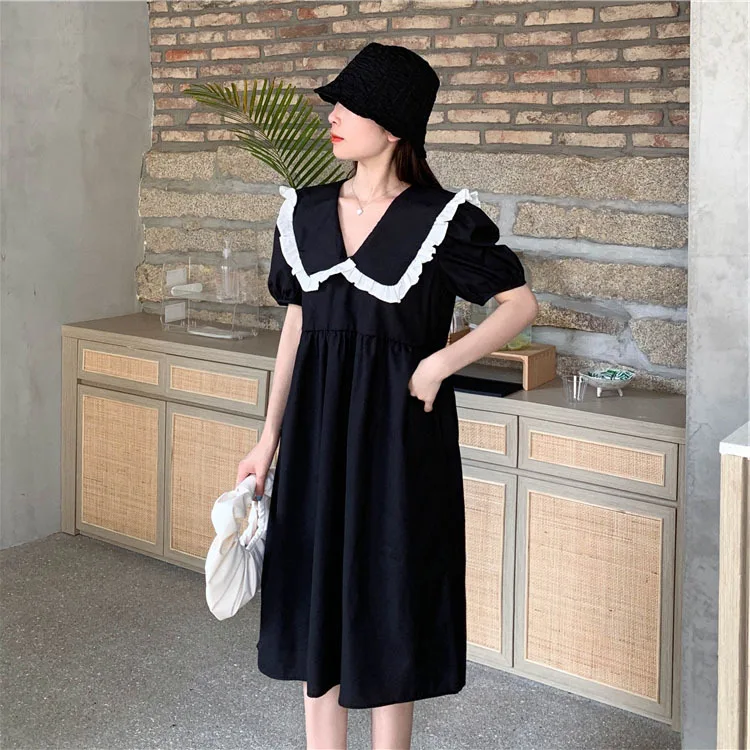 2021 Summer New Style Nightdress Women's Loose Nightgown Doll Collar Dress Medium Length A-line Skirt Home Clothes Sleepwear