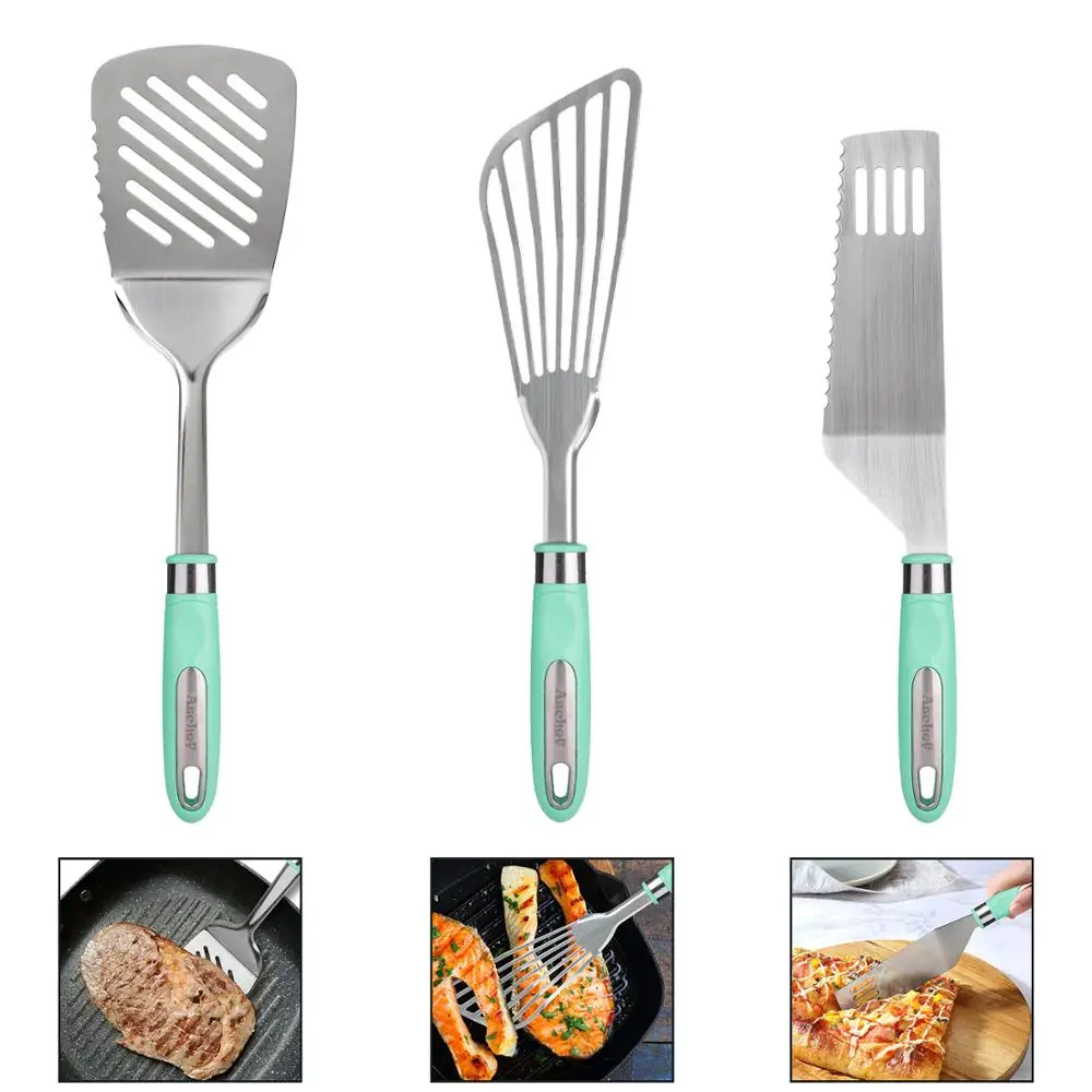 

Aschef Free shipping Stainless Steel Kitchen Fish Spatula Cooking Slotted Turner Cake Server Spatula Gadgets Utensils Tools Set