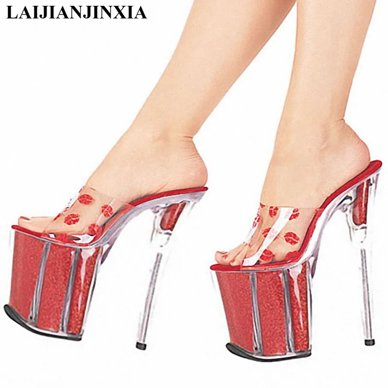 

20cm High-Heeled Shoes Sexy Red Lips Crystal Flat Shoes Slippers 8 Inch Lady Fashion High Heel Shoes Sexy Exotic Dancer Shoes