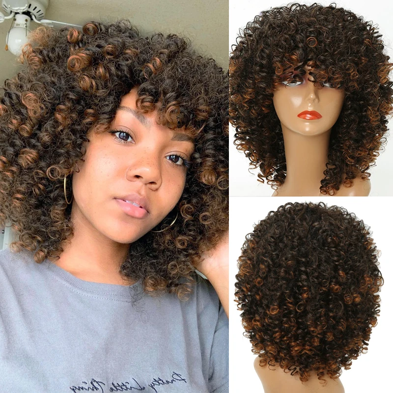 

LINGHANG Women's Short Afro Kinky Curly Wigs With Bangs Ombre Brown Synthetic Wig Black Daily Party Headgear with Clips