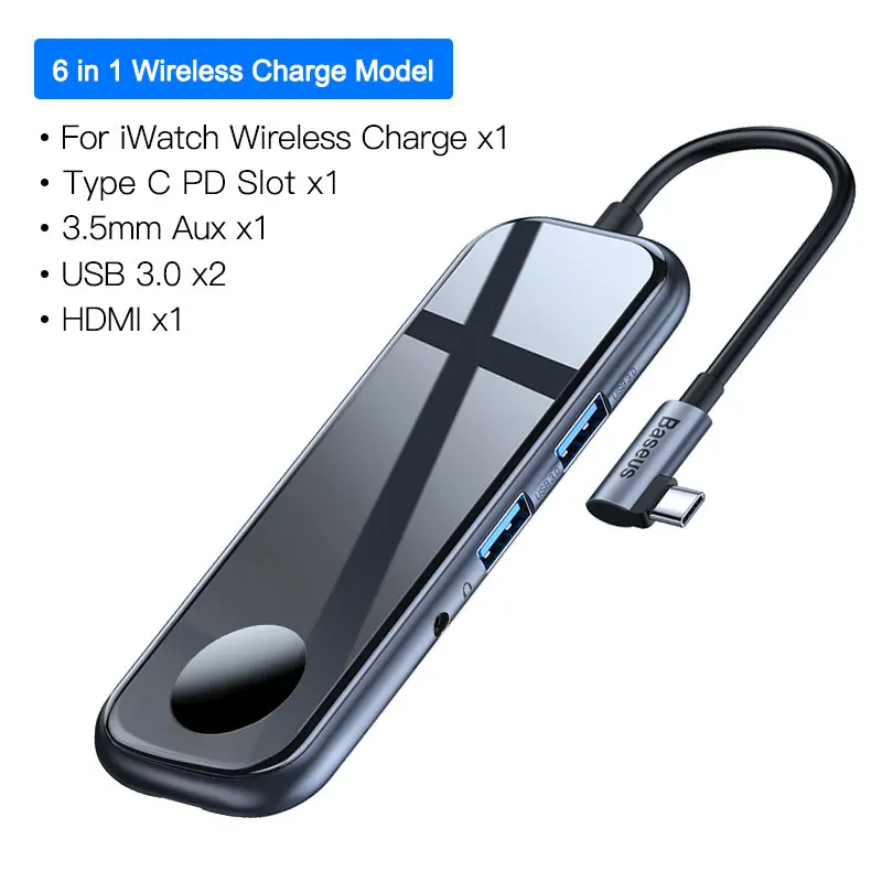 Qi Charge USB HUB Baseus USB C концентратор к USB 3,0 HDMI RJ45 адаптер для MacBook Pro Air мульти Тип C концентратор с беспроводной зарядкой для iWatch USB-C концентратор - Цвет: Qi Charge USB HUB