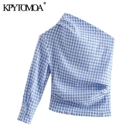 kpytomoa women 2021 fashion pleated asymmetry check blouses vintage one shoulder back button up female shirts blusas chic tops